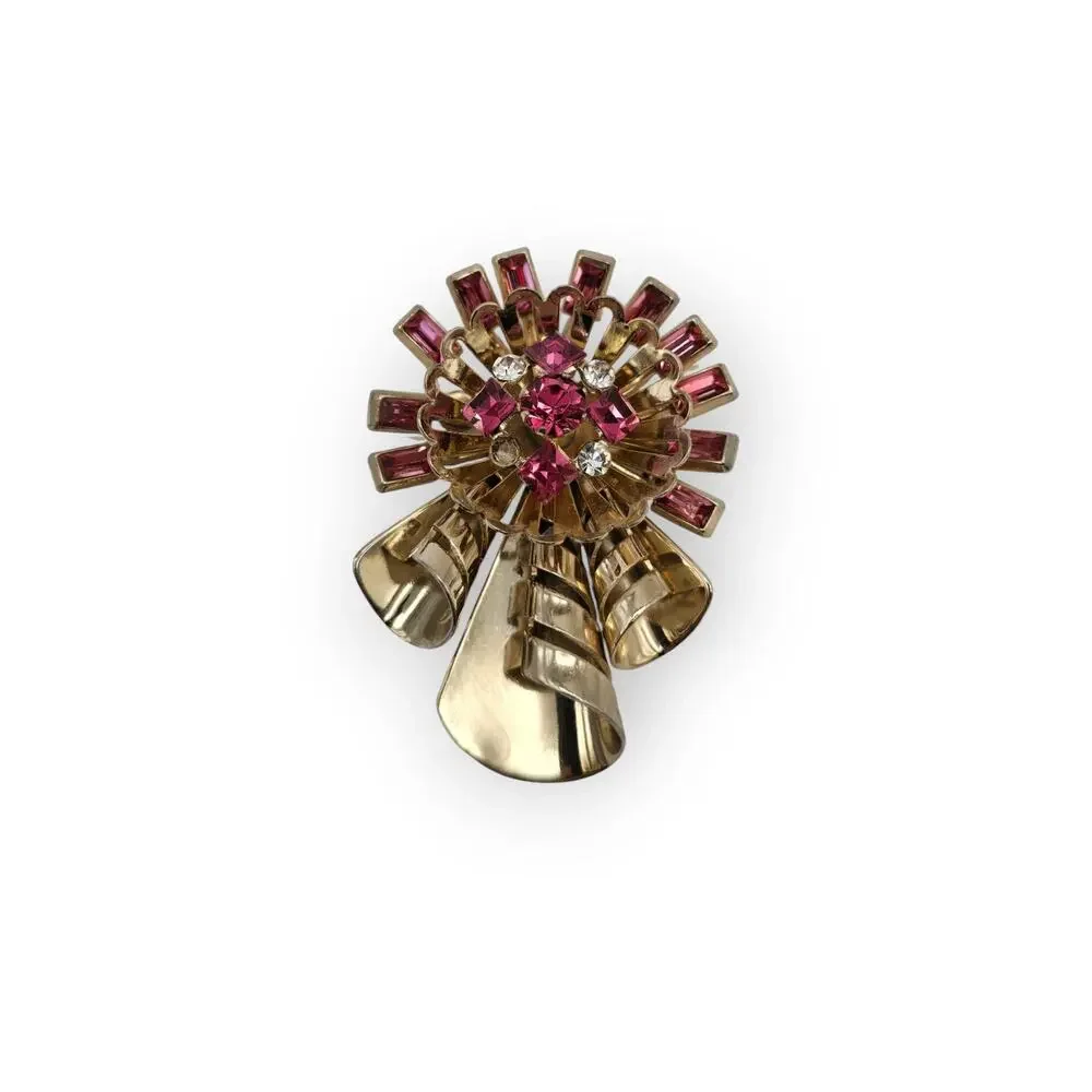 Pink Rhinestone Ribbon Bow Brooch Pendant Gold Tone Vintage Mid-Century Glamour
